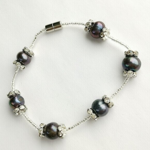 Genuine Peacock Grey Freshwater pearl Crystal  Bracelet - Picture 5 of 5